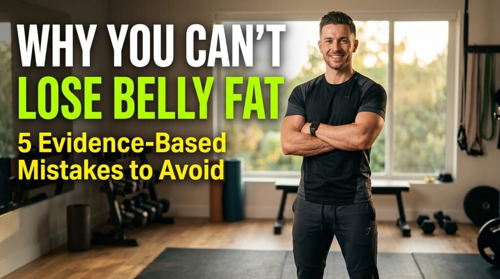 A determined fitness coach standing in a modern gym, smiling with arms crossed. Large overlay text on the image reads: 'Why You Can't Lose Belly Fat: 5 Evidence-Based Mistakes to Avoid'.