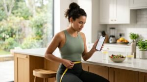 A person looking at a smartphone while holding a measuring tape near their waist in a modern kitchen, illustrating belly fat loss challenges.