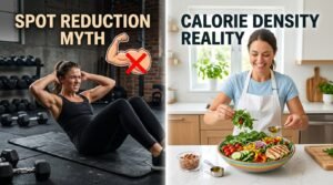 Infographic showing gym versus kitchen reality, explaining why you can't lose belly fat