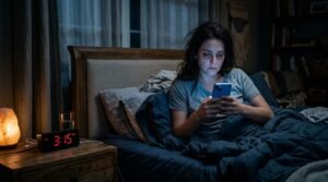 An exhausted person looking at a smartphone late at night in bed, highlighting how poor sleep hinders how to lose lower belly fat naturally.