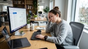 An office worker sitting long hours at a desk, demonstrating why low daily movement stops how to lose lower belly fat.