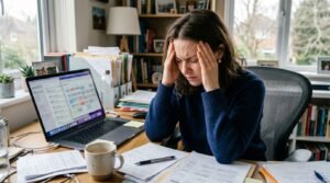 A stressed professional overwhelmed at a desk, illustrating how high cortisol levels prevent how to lose lower belly fat effectively.